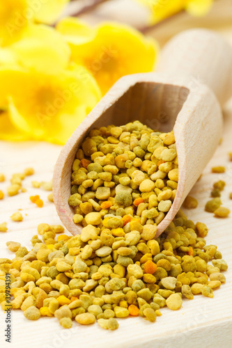 Foto: bee pollen in wooden scoop, yellow flowers as background bee pollen in wooden scoop, yellow flowers as background
