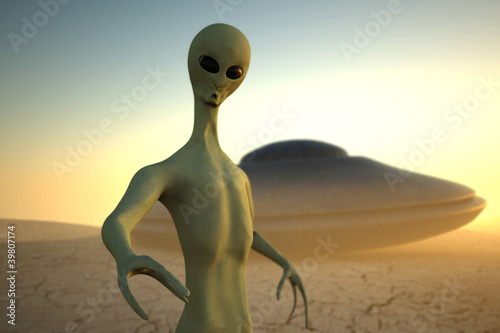 Photo: Alien in desert with UFO Alien in desert with UFO