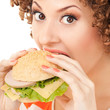 Fun woman with sandwich on the white background