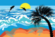 seascape with dolphins and palm