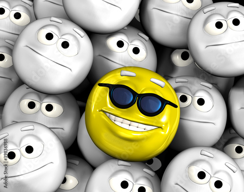 Illustration: Happy smiling emoticon face among others Happy smiling emoticon face among others