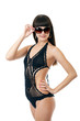 Sexy underwear model posing in a studio in a handmade swimsuit Sexy underwear model posing in a studio in a handmade swimsuit