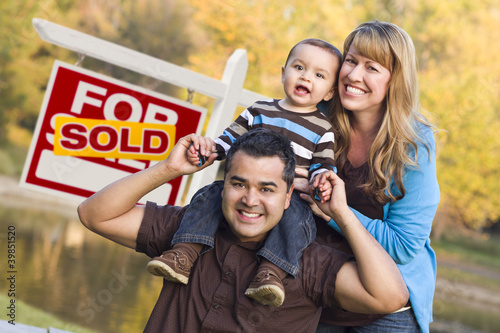 Photo: Mixed Race Couple, Baby, Sold Real Estate Sign Mixed Race Couple, Baby, Sold Real Estate Sign