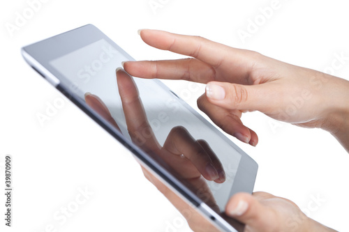 Photo: hands holding and point on modern electronic digital frame with hands holding and point on modern electronic digital frame with