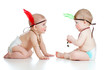 Two funny babies indians. Isolated on white background