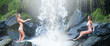 Young and sexy blond women posing near a waterfall