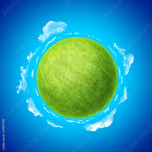 Illustration: Mini green planet with blue skies and clouds template Mini green planet with blue skies and clouds template