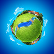 Country life eco concept. 3 houses on mini planet