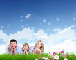 Collage with children and parents on green grass