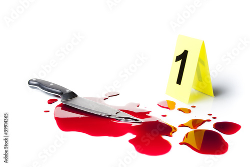 Photo: evidence marker with blood and knife isolated on white evidence marker with blood and knife isolated on white