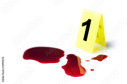 Photo: evidence with blood splatter isolated on white evidence with blood splatter isolated on white