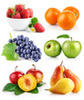 set fresh fruits with green leaves isolated on white background set fresh fruits with green leaves isolated on white background