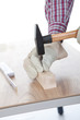 Worker hammering a nail into piece of wood