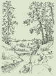 Vector landscape. Mountain stream in the forest