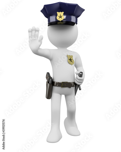 Illustration: 3D police with gun and nightstick ordering to stop 3D police with gun and nightstick ordering to stop