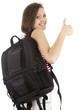 young woman with backpack and thumb up