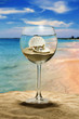 wine glass on the beach, inside the seashell with a pearl.