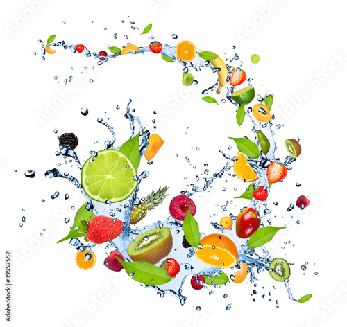 Photo: Fresh fruits falling in water splash on white background Fresh fruits falling in water splash on white background