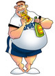 man with beer and pizza