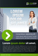 Green and black template for advertising with woman on the city