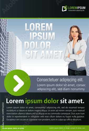 Vector: Green and black template for advertising with woman on the city Green and black template for advertising with woman on the city