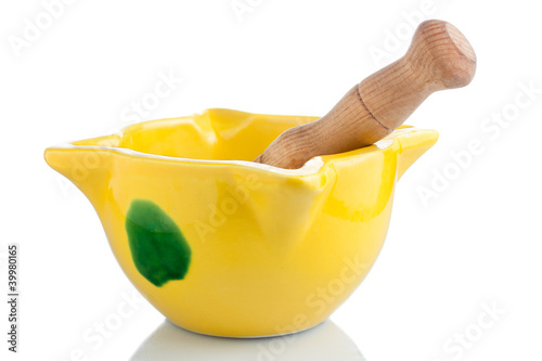 Photo: Ceramic mortar and pestle and wood Ceramic mortar and pestle and wood