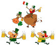 Happy Green Leprechauns Dancing With Cow.  Collection