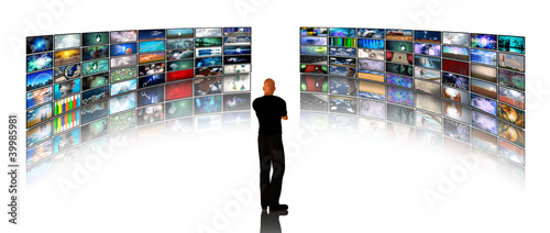 Illustration: Man viewing video displays Man viewing video displays
