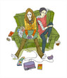 close-up of women sitting on sofa