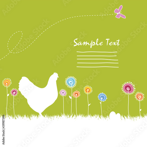 Illustration: Huhn auf Frühlingswiese Huhn auf Frühlingswiese