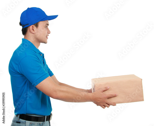 Photo: man courier in blue uniform man courier in blue uniform