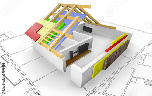 Illustration: Haus - Grundriss mit Dachkonstruktion - 3D Haus - Grundriss mit Dachkonstruktion - 3D