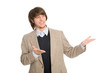 Joyful businessman pointing hands