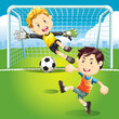 Children playing soccer outdoors