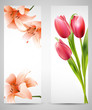 Background with red tulips and orange lilies