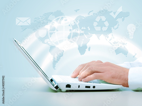 Illustration: Laptop against technology background Laptop against technology background