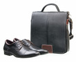 Pair of black men shoes and messenger bag isolated over white