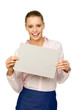 Woman holding blank poster