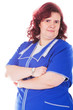Photo: woman waiter in a blue overall woman waiter in a blue overall