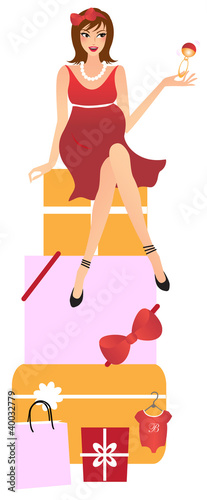 Illustration: Happy pregnant woman sitting on pile of gifts Happy pregnant woman sitting on pile of gifts