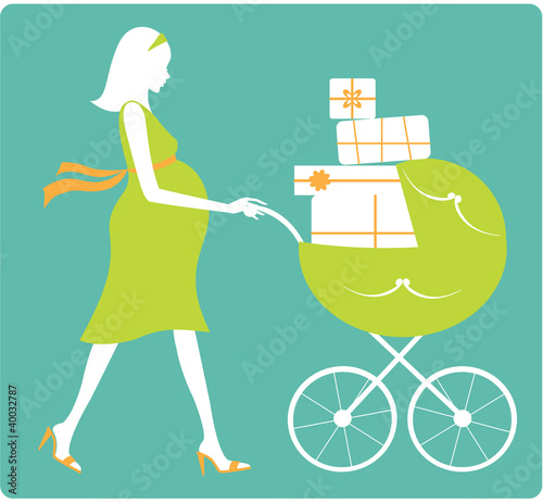 Illustration: Happy pregnant woman with green stroller Happy pregnant woman with green stroller