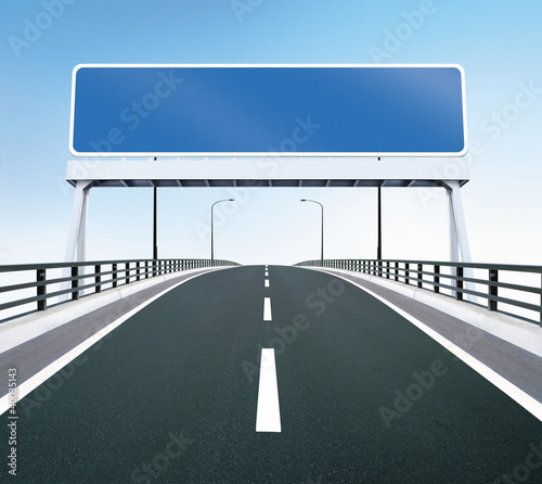 Illustration: Bridge highway with blank sign Bridge highway with blank sign
