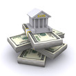 bank building on a pile of dollar bills