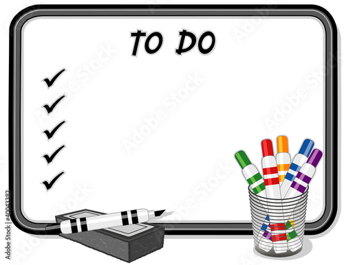 Vector: Whiteboard To Do List, Marker Pens, Eraser, Copy space. Whiteboard To Do List, Marker Pens, Eraser, Copy space.