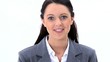 Brunette woman looking at the camera is speaking