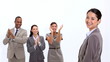 Young woman being congratulated by co-workers