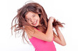 Beautiful young teen girl with brackets on teeth in white