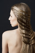 long hair and fashion hairstyle, she looks down at left