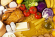 Olive oil, vegetables, bread, oil, macaroni and chicken meat Olive oil, vegetables, bread, oil, macaroni and chicken meat