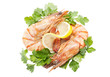 two appetizing tiger shrimps with lemon slice and parsley